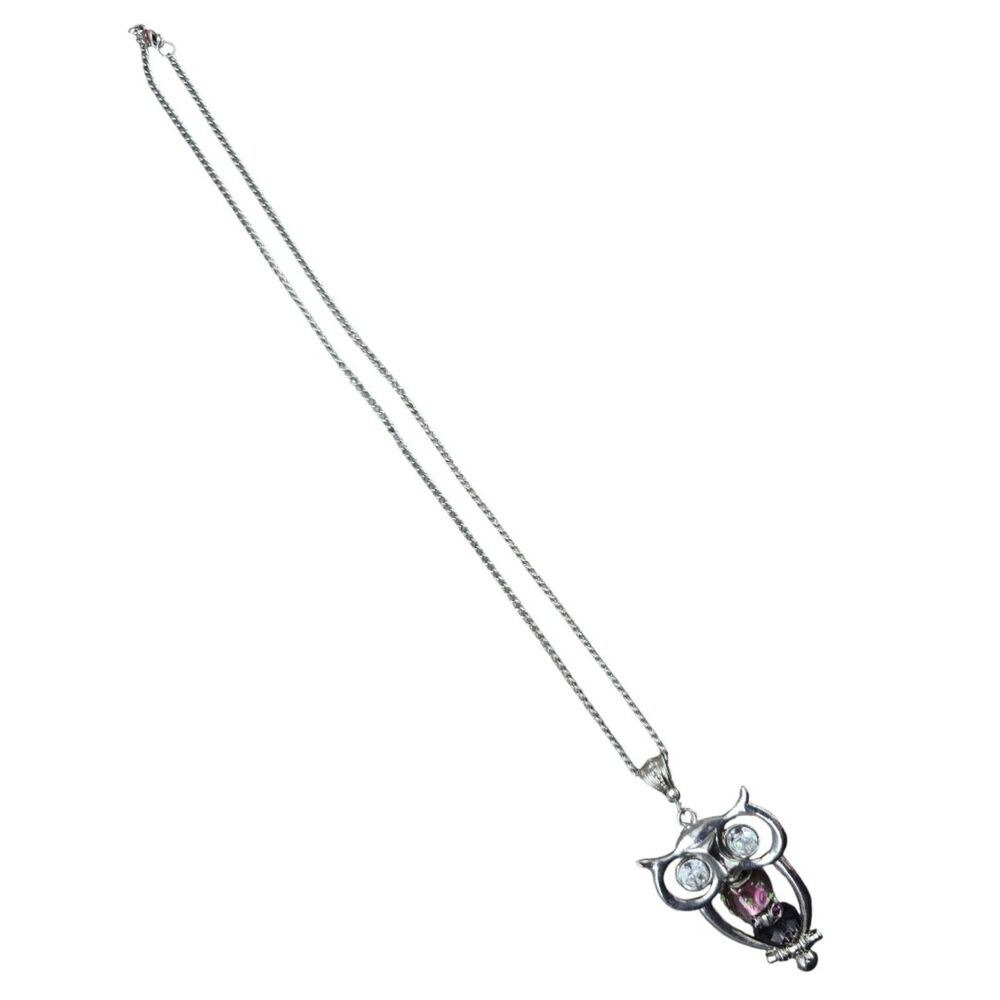 Silver Tone Owl Pendant Necklace Crystal Eyes Purple Lampwork Bead